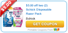 New Printable Coupon: $5.00 off two (2) Schick Disposable Razor Pack