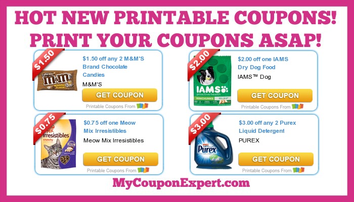 HOT New Printable Coupons Iams, Purex, M&M's, Meow Mix, Schick, Old El
