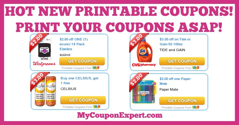 HOT NEW Printable Coupons Tide Celsius Paper Mate Scunci Advil 