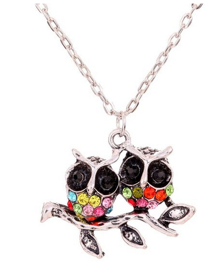 Colorful Rhinestone Owl On Branch Tibetan Silver Necklace Only $3.96 Shipped