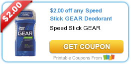 New Printable Coupon: $2.00 off any Speed Stick GEAR Deodorant