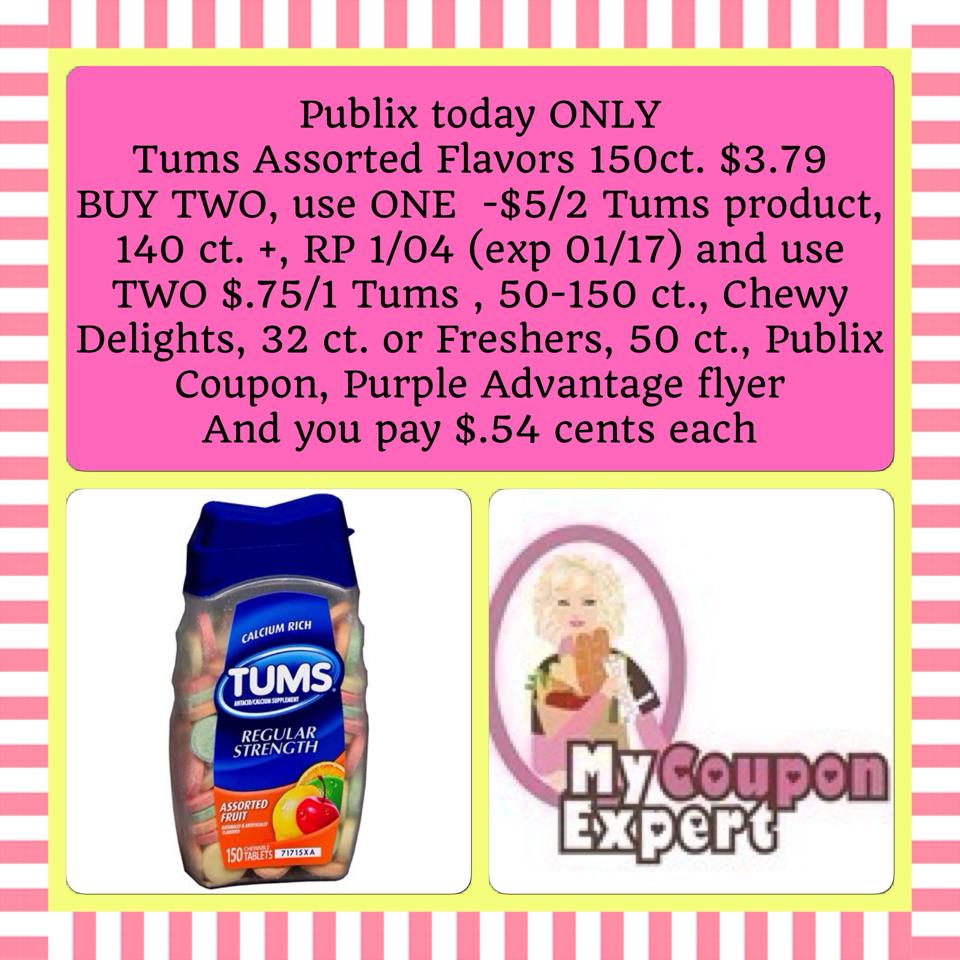Cheap Tums at Publix!!  Just $.50 each TODAY ONLY!!