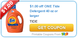 Hot New Printable Coupon: $1.00 off ONE Tide Detergent 40 oz or larger