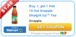 Hot New Printable Coupon: Buy 1, get 1 free 18.5oz Snapple Straight Up™ Tea