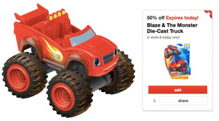 Target 50% off Toy deal for 11/13 – Blaze & The Monster Die-Cast Truck Only $2.50!!