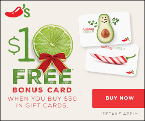 Free $10 Chili’s Gift Card with the Purchase of $50 or More in Gift Cards
