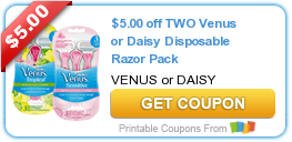 HOT Printable Coupon: $5.00 off TWO Venus or Daisy Disposable Razor Pack