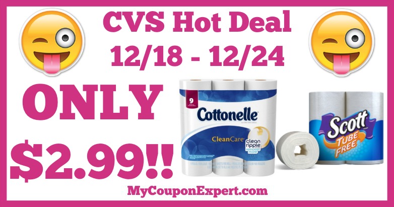 Hot Deal Alert!! Cottonelle Clean Care & Scott Tube-Free Bath Tissue Only $2.99 at CVS from 12/18 – 12/24