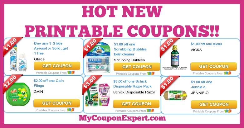 HOT NEW PRINTABLE COUPONS: Glade, Scrubbing Bubbles, Vicks, Gain, Schick, Jennie-O, and MORE!!