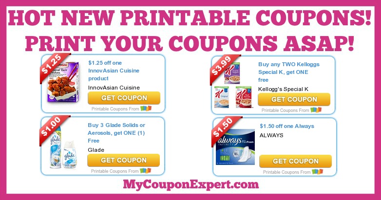 HOT NEW PRINTABLE COUPONS: InnovAsian, Kellogg’s, Glade, Always, Dove, Angel Soft, Tide, & MORE!!