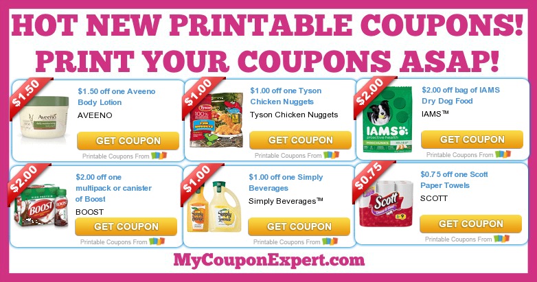 HOT NEW Printable Coupons: Scott, Boost, Aveeno, Tyson, Iams, Simply Beverage, V8, Pert, and MORE!!