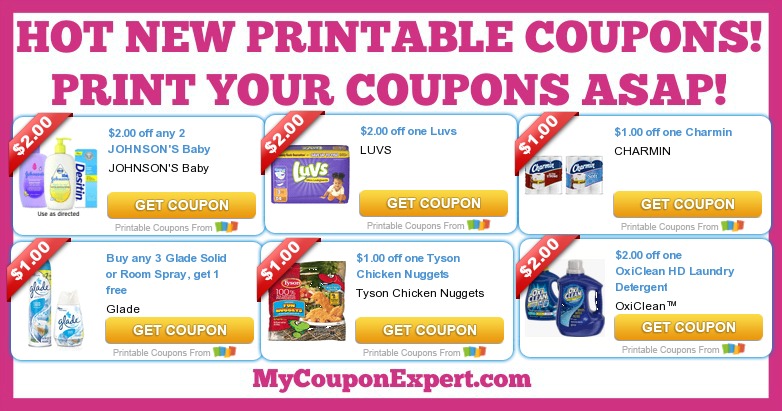 HOT NEW Printable Coupons: Johnson’s Baby, Luvs, Charmin, OxiClean, Tyson, Glade, & MORE!!
