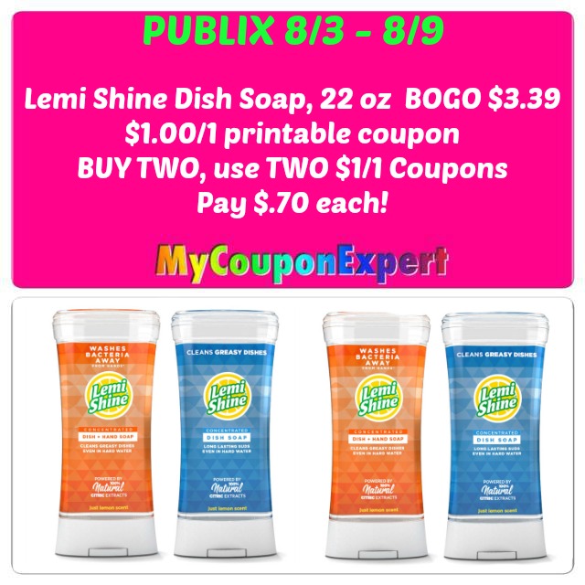 WOW!  Lemi-Shine Dish Soap just 70¢ at Publix starting 8/3!!
