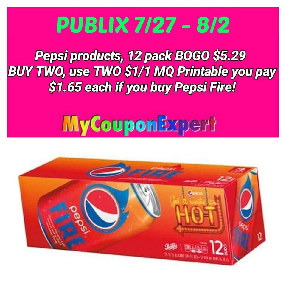 WOO YEAH! Pepsi Fire 12 Pack Only $1.65 at Publix from 7/27 – 8/2