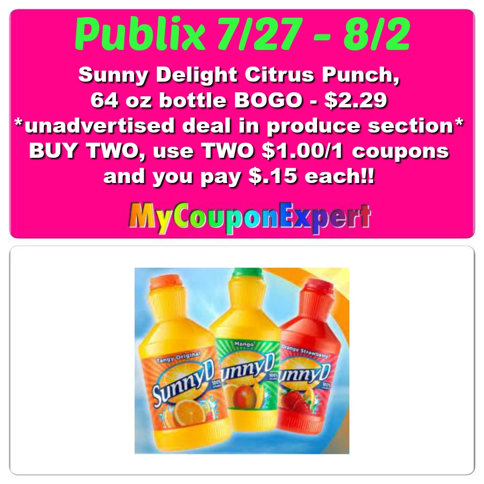 WHOOP!! Sunny D Only $.15 at Publix from 7/27 – 8/2!!