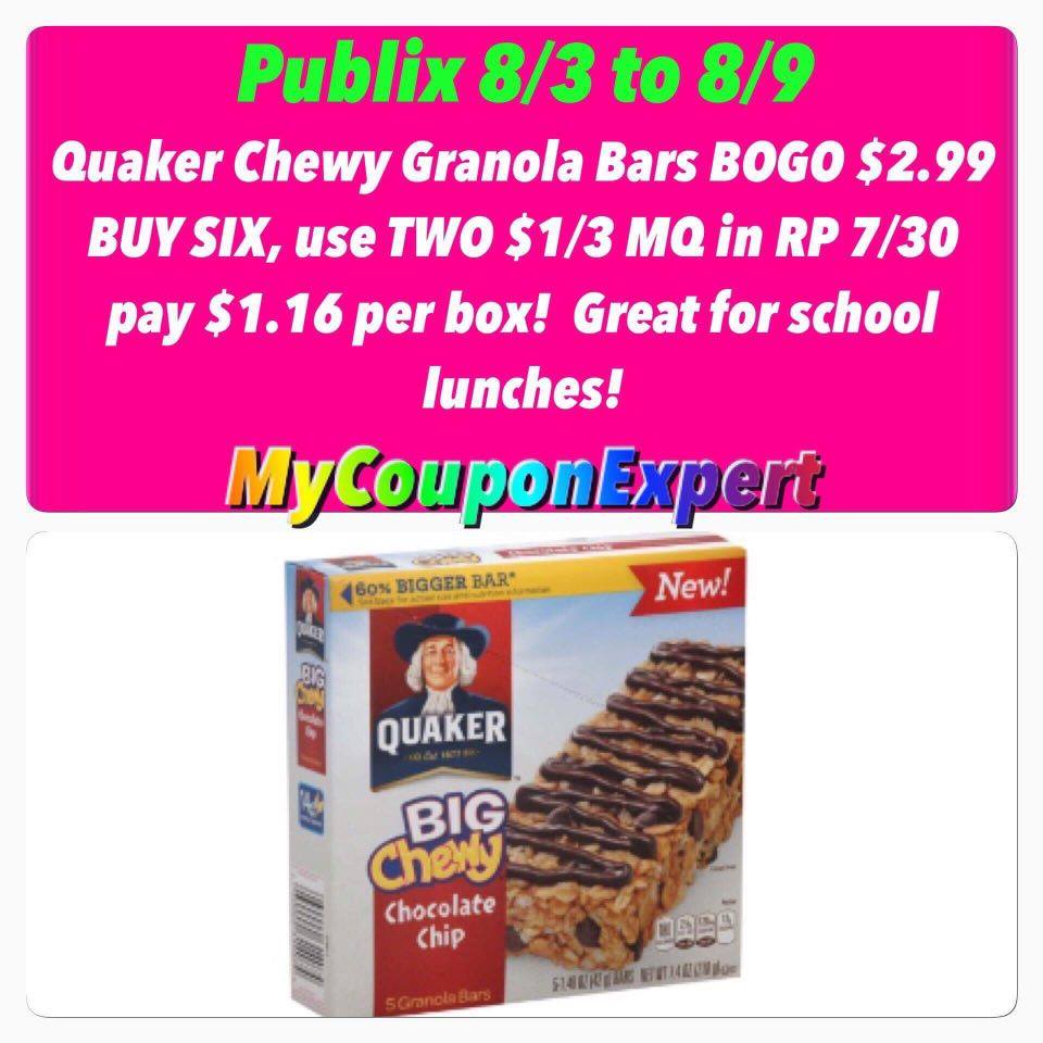 WHOOP!! Quaker Chewy Granola Bars Only $1.16 at Publix from 8/3 – 8/9
