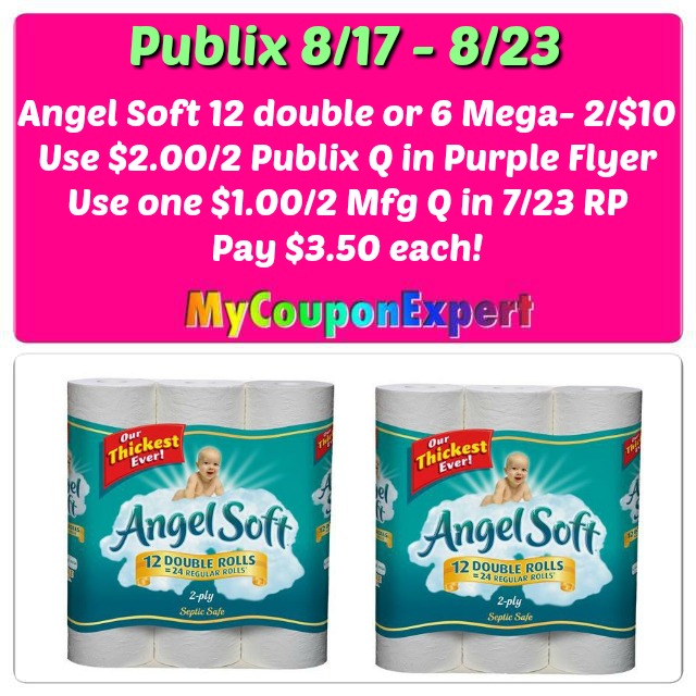 Angel Soft Bath Tissue 12 double rolls or 6 Mega just $3.50 each at Publix!