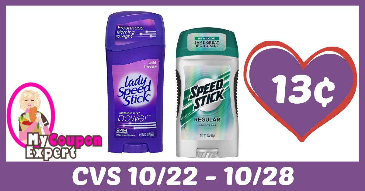 Speed Stick or Lady Speed Stick Only 13¢ each after sale and coupons