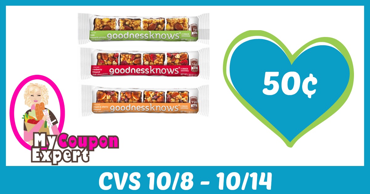 goodnessKNOWS Snack Squares Singles Pack Only 50¢ each after sale and coupons