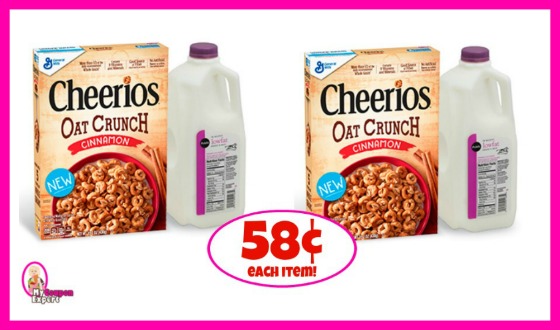 Cheerios Oat Crunch Cereal and Publix Milk just 58¢ each thru 9/5!