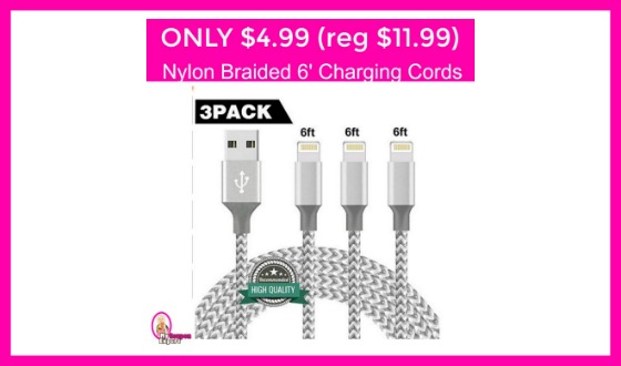 Nylon Braided 6′ Charging Cords 3 pack $4.99 (reg $11.88)!  Hurry!