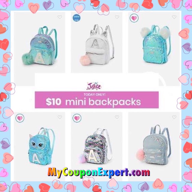 JUSTICE Mini Backpacks Only $10.00 (reg $24.90) TODAY ONLY!