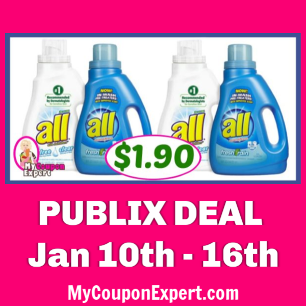 Publix Deal:  All Detergent Bottle or Pacs $1.90 each!