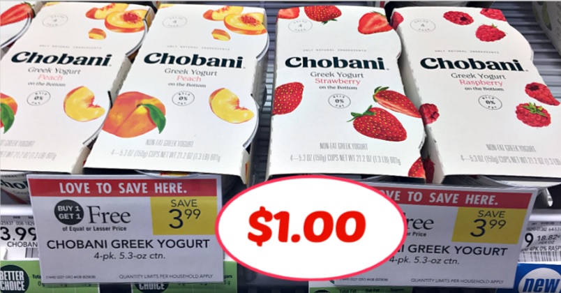 Chobani Greek Yogurt 4 packs just $1.00 at Publix!  Easy Deal!